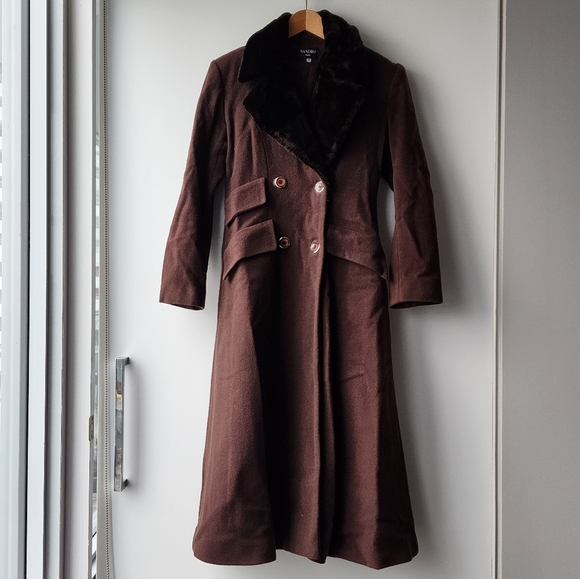 Sandro Jackets & Blazers - Vintage Sandro Long Wool Faux Fur Collar Coat